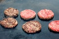 Fresh healthy hamburgers cooking on pan under flaming coals. Meat roasted on fire barbecue kebabs on the grill. Royalty Free Stock Photo