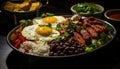 A fresh, healthy meal grilled meat, vegetable salad, and rice generated by AI Royalty Free Stock Photo