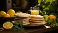 Fresh, healthy meal homemade pancake stack with citrus fruit generated by AI Royalty Free Stock Photo