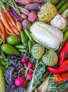 Fresh and healthy organic vegetables and fruits display . top view Royalty Free Stock Photo