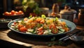 Fresh, healthy salad with grilled meat and organic vegetables on wooden plate generated by AI Royalty Free Stock Photo