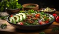 Fresh, healthy salad with grilled meat and vegetables on wooden plate generated by AI Royalty Free Stock Photo