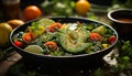 Fresh, healthy salad grilled tomato, avocado, and seafood fillet generated by AI Royalty Free Stock Photo