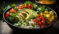 Fresh, healthy salad with grilled vegetables on a wooden plate generated by AI Royalty Free Stock Photo