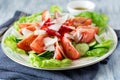 Fresh healthy salad with lettuce, olive oil and slices of tomato, cucumber, pepper and parmesan cheese Royalty Free Stock Photo