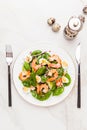 Fresh, healthy salad with shrimps, spinach and avocado on a marble table Royalty Free Stock Photo