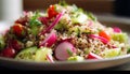 Fresh, healthy salad with tomato, cucumber, radish, avocado, and quinoa generated by AI Royalty Free Stock Photo