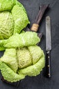 Fresh healthy savoy cabbage. Dark background. Top view