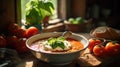 Fresh healthy tomato soup garnished basil. Generative AI