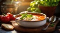 Fresh healthy tomato soup garnished basil. Generative AI