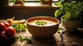 Fresh healthy tomato soup garnished basil. Generative AI