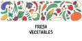 Fresh healthy vegetables horizontal background. Border with colorful vegetables. Eggplant, cucumber, carrot, chanterelle, mushroom