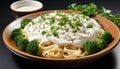 Fresh, healthy vegetarian meal pasta, broccoli, and asparagus with savory sauce generated by AI