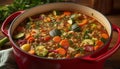 Fresh, healthy vegetarian meal tomato soup with homemade organic bread generated by AI