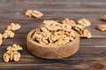 Fresh healthy walnuts in bowl on colored table background. Top view Healthy eating bertholletia concept. Super foods Royalty Free Stock Photo