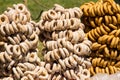 Fresh heap bagels on table Royalty Free Stock Photo