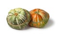 Fresh heirloom orange and green Turban squashes