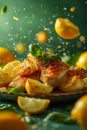 Fresh Herb Roasted Chicken with Lemon and Potatoes on Dark Green Background, Vibrant Food Photography
