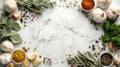 Fresh Herbs, Garlic, and Spices on Marble with Copy Space Royalty Free Stock Photo