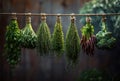 Fresh herbs hanging on rope Royalty Free Stock Photo