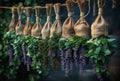 Fresh herbs hanging on rope in the garden. Natural medicine Royalty Free Stock Photo