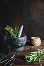 Fresh herbs in a marble mortar on a table Royalty Free Stock Photo