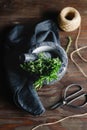 Fresh herbs in a marble mortar on a table. Royalty Free Stock Photo