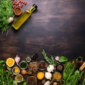 Fresh Herbs, Oils, and Produce Ready for Cooking, Ample Space Royalty Free Stock Photo