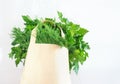 Fresh herbs in a paper bag on a light background