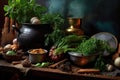 fresh herbs and spices beside dutch oven