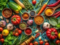 Fresh Herbs Spices and Vegetables A Colorful Culinary Composition for Inspiring Healthy Cooking and Delicious Meals