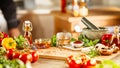 Fresh herbs, spices vegetables, pestle and mortar