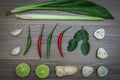 Fresh herbs and spices on wooden background, Ingredients of Thai spicy food, Ingredients of Tom yum Royalty Free Stock Photo