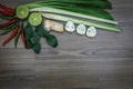 Fresh herbs and spices on wooden background, Ingredients of Thai spicy food, Ingredients of Tom yum Royalty Free Stock Photo