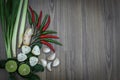 Fresh herbs and spices on wooden background, Ingredients of Thai spicy food, Ingredients of Tom yum Royalty Free Stock Photo