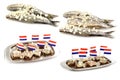 Fresh herring Dutch `Hollandse Nieuwe` with chopped onions and some on a tray Royalty Free Stock Photo