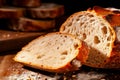 Fresh home baked bread. Texture of sliced loaf of bread close up