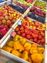 Fresh home grown fruit, vegetables - bell pepper, tomato, grape, apple at farmer market Royalty Free Stock Photo
