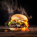 Fresh home-made hamburgers served on wooden planks. Fire hamburgers on black backgraound Royalty Free Stock Photo