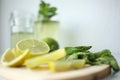 Fresh home-made lemonade ingredients: lemon, lime and mint, a glass on white background Royalty Free Stock Photo