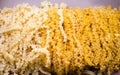 Fresh home made raw Italian pasta, close-up texture of tagliatelle pasta flour ribbon noodle Royalty Free Stock Photo