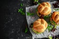 Fresh home sandwich with avocado guacamole, tomatoes, arugula, red onion and ham. Royalty Free Stock Photo