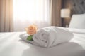 towel window comfortable flower bath welcome spa bedchamber modern bed. Generative AI. Royalty Free Stock Photo