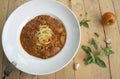 Fresh homecook spaghett on wooden table Royalty Free Stock Photo