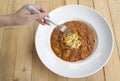 Fresh homecook spaghett on wooden table Royalty Free Stock Photo