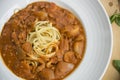 Fresh homecook spaghett on wooden table Royalty Free Stock Photo