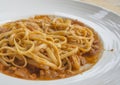 Fresh homecook spaghetti on wooden table Royalty Free Stock Photo