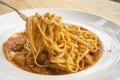 Fresh homecook spaghetti on wooden table Royalty Free Stock Photo