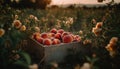 Fresh homegrown produce, ripe for healthy eating in rustic container generated by AI