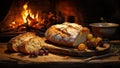Fresh homemade baked bread and sliced bread on rustic wooden table
